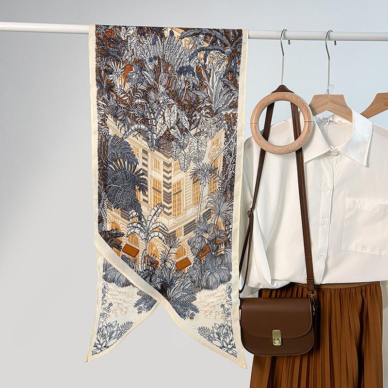 New Parallel Scarf Simulation Silk Scarf Spring and Autumn Women's Thin High-end Plant Flower Printed Scarf