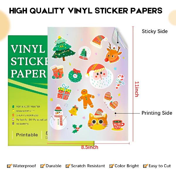 30 листов Премиальная голографическая самоклеящаяся бумага для струйного принтера, 8,5x11" Голографическая бумага для принтера, водостойкая, быстро сохнет, яркая