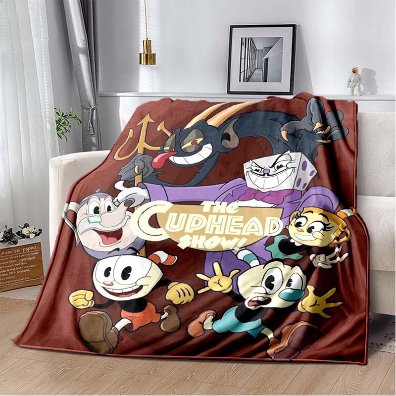 Cuphead & Mugman Flannel Blanket, Soft Throw with "Don't Deal With The Devil" Print, Cozy Bedding for Retro Game Fans
