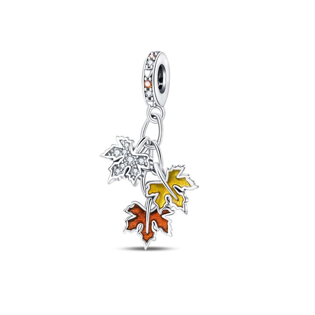 S925 Silver Autumn Maple Leaf Owl Squirrel Beaded Bracelet DIY Charm Pendant Jewelry Making Accessories