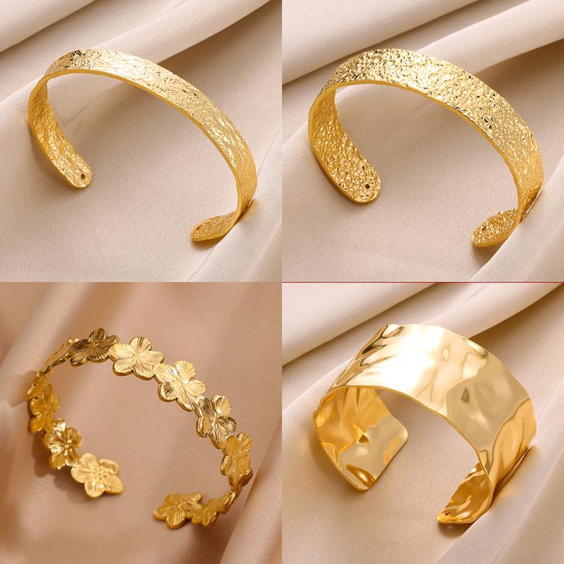 Stainless Steel Wide Bangles for Women Luxury Gold Color Chunky Flower Cuff Bangle Bracelet Femme Vintage Wedding Jewelry Gifts