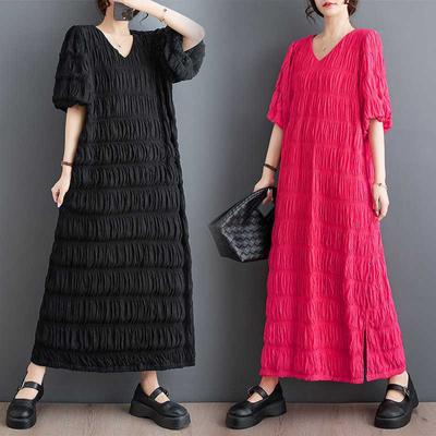 Плюс Размер Женское Платье Лето Новый Модный Пуловер Прямой Свободный Длинный Платье Плиссированный Черный Элегантный