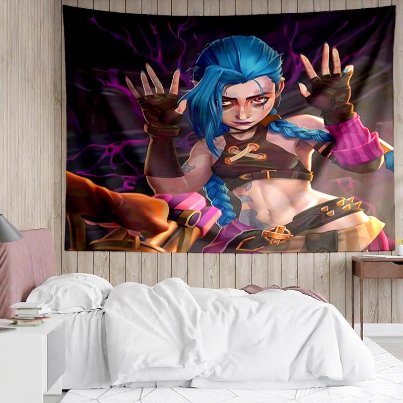 League of Legends Jinx Tapestry for Bedroom Aesthetic Classroom Tapestries Wall Hanging for Living Room Dorm Office,Ideal Creative Gift