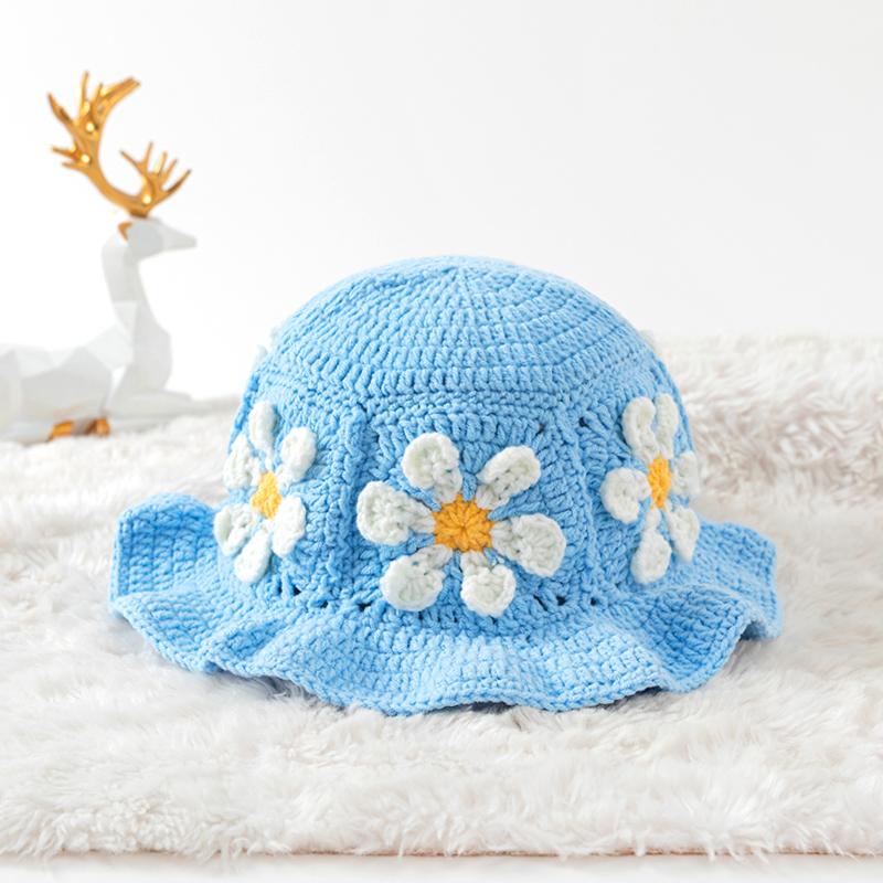Women Handmade Crochet Breathable Knitted Hat Vibrant Bucket Hat Cute Plush Hat Fashion Floral Pattern Colorful 56-58cm