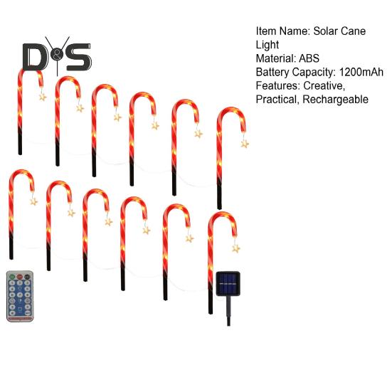12 шт. рождественских солнечных фонарей в виде леденцов с дистанционным управлением, несколько режимов, автоматическая зарядка, водонепроницаемые фонарики в виде леденцов