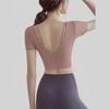 Womens Yoga Short Sleeve Set Sports Top With Built-in Bra Running Fitness Gym Workout Clothes