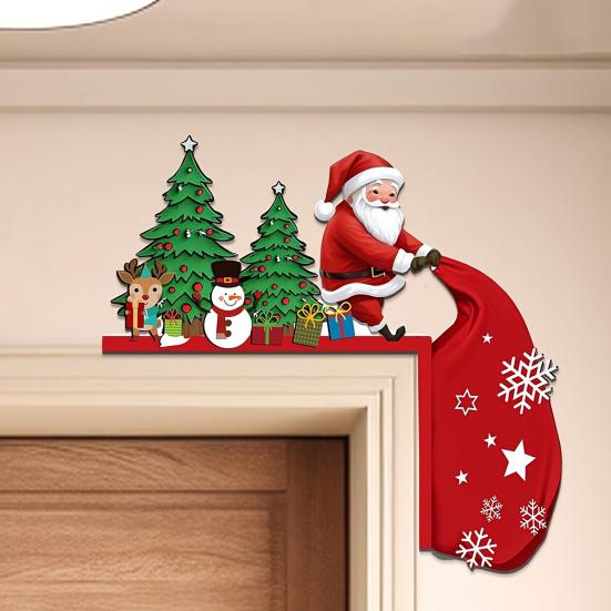 Wooden Christmas Door Topper Cute Santa Claus Door Corner Frame Sign for Holiday Home Wall Cabinet Shelf Decor