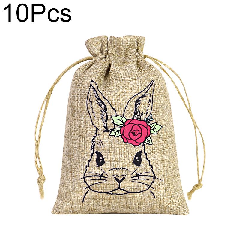 10Pcs Drawstring Pouches Cute Easter Thickened Rabbit Candy Bag Reusable Bunny Gift Bags Burlap Party Favor Supplies