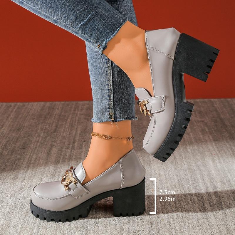 Metal Chain Square Heel Single Shoes Autumn New Round Toe Deep Mouth Platform Non-Slip High Heels