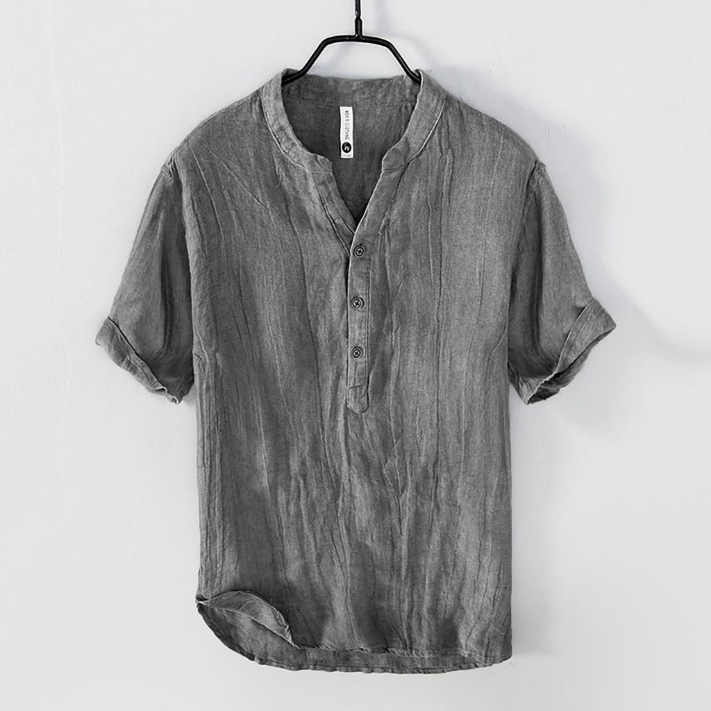Men's Casual Stand Collar Pullover Shirt Retro Thin Cotton Linen T-shirt Top