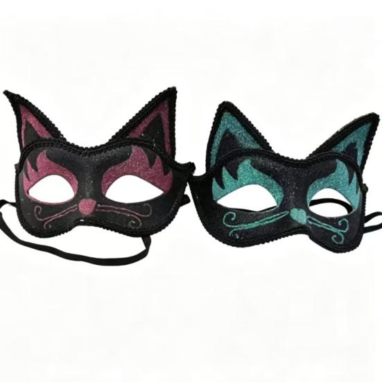 Comfortable Cosplay Mask Cat Half Face Mask, Halloween Glitter Venetian Masquerade Exquisite Pattern Rhinestone Ear for Party Costume Accessory