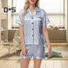 2 шт./комплект женский рубашка шорты костюм плюс размер лацкан короткий рукав атласный полосатый контрастный цвет топ эластичный пояс короткие брюки домашняя одежда одежда для отдыха