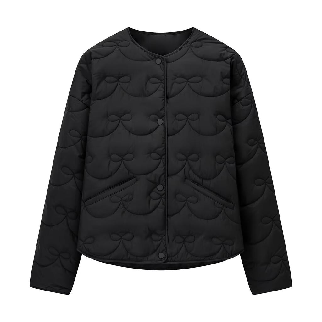 Spot European and American style autumn and winter new women's clothing round neck bow quilted cotton coat