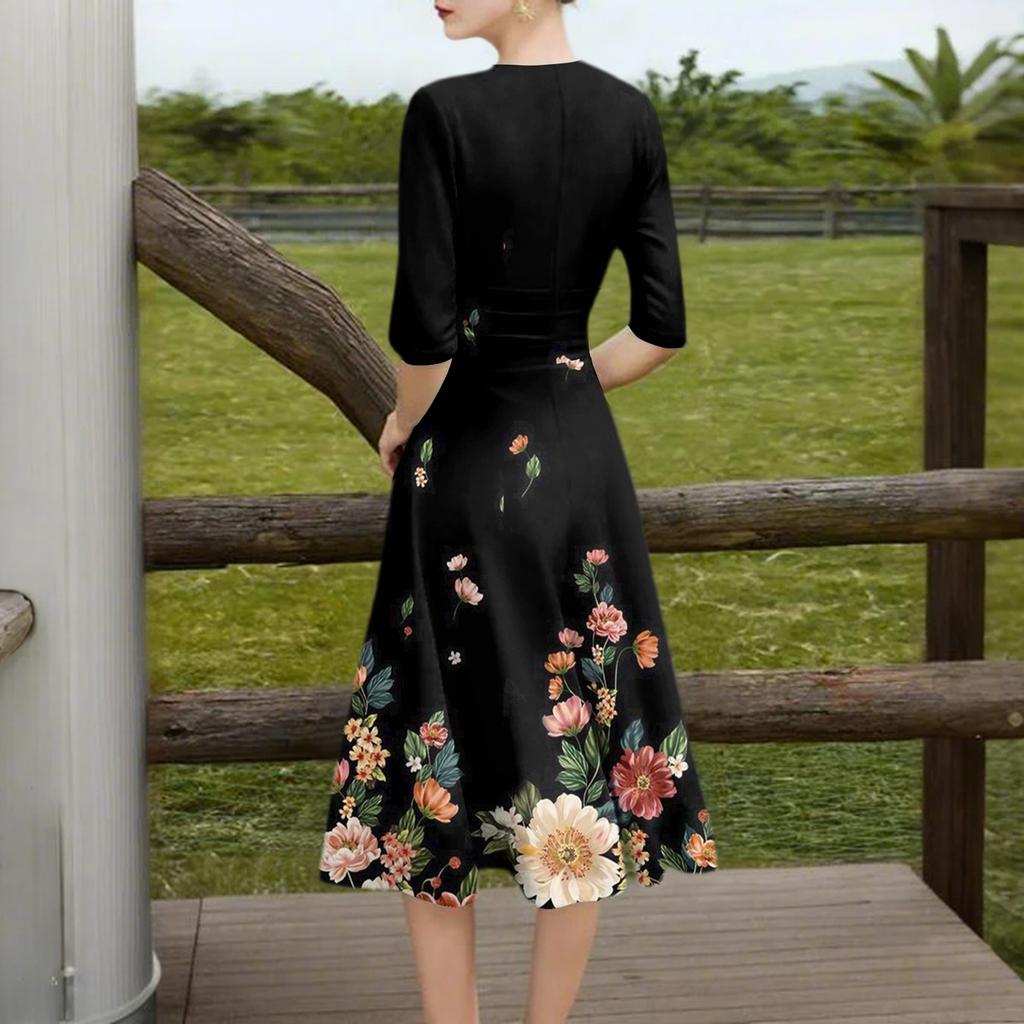 Модное платье средней длины с рукавами средней длины, цветочным принтом и сексуальным V-образным вырезом