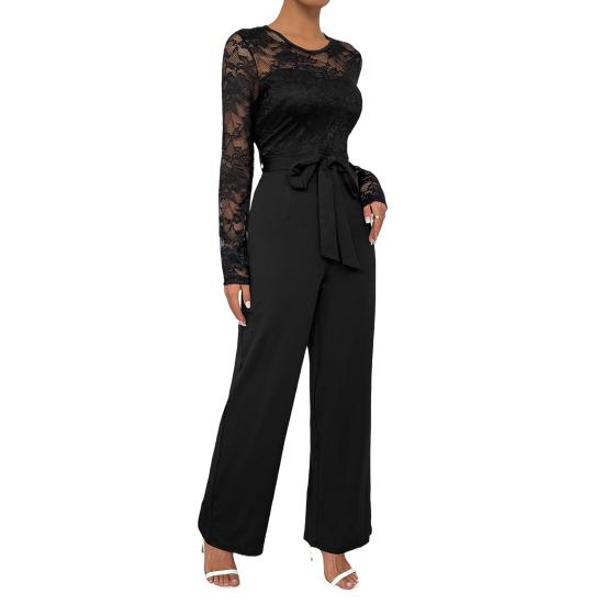 Женский формальный комбинезон с длинными рукавами и кружевом, с завышенной талией и широкими брюками, ромпер с поясом, летний