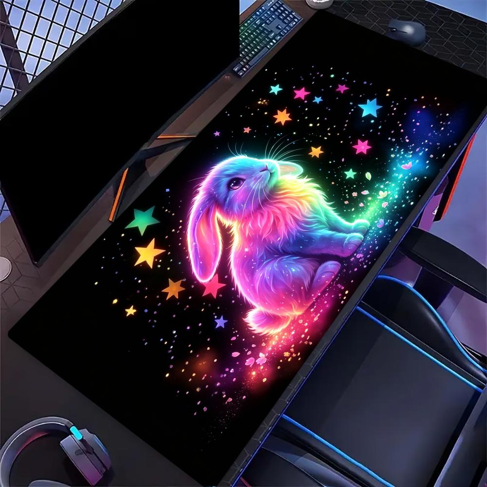 Neon Cosmic Cat Large Extended Gaming Mouse Pad Non Slip Desk Surface Glitter Starry Animal Print For Gaming And Office Setup