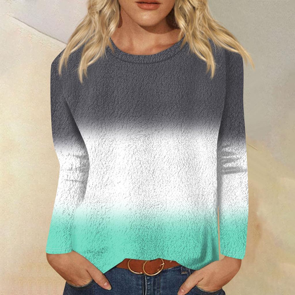 Женская модная повседневная футболка с длинными рукавами и круглым вырезом с градиентным цветом