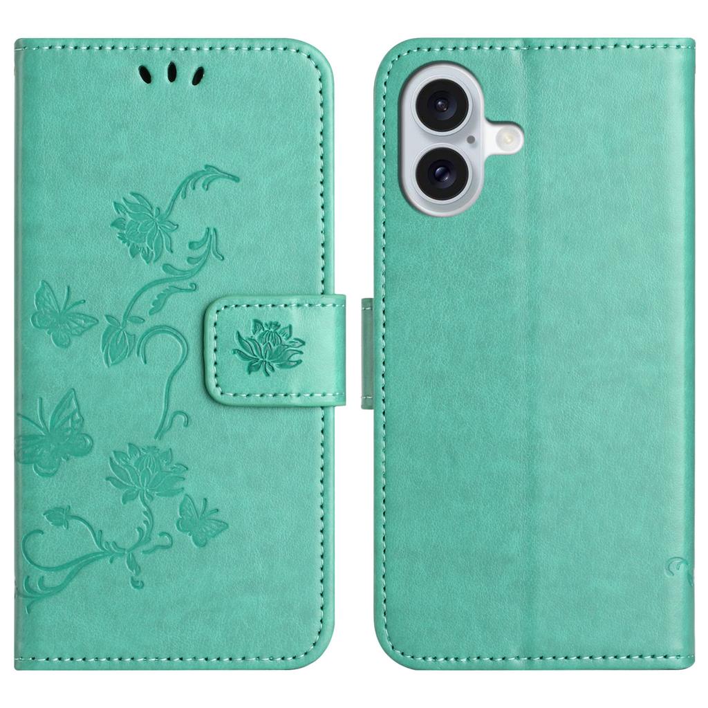 For iPhone 17 Case Wallet Stand Imprinted Butterfly Flower PU Leather Phone Cover