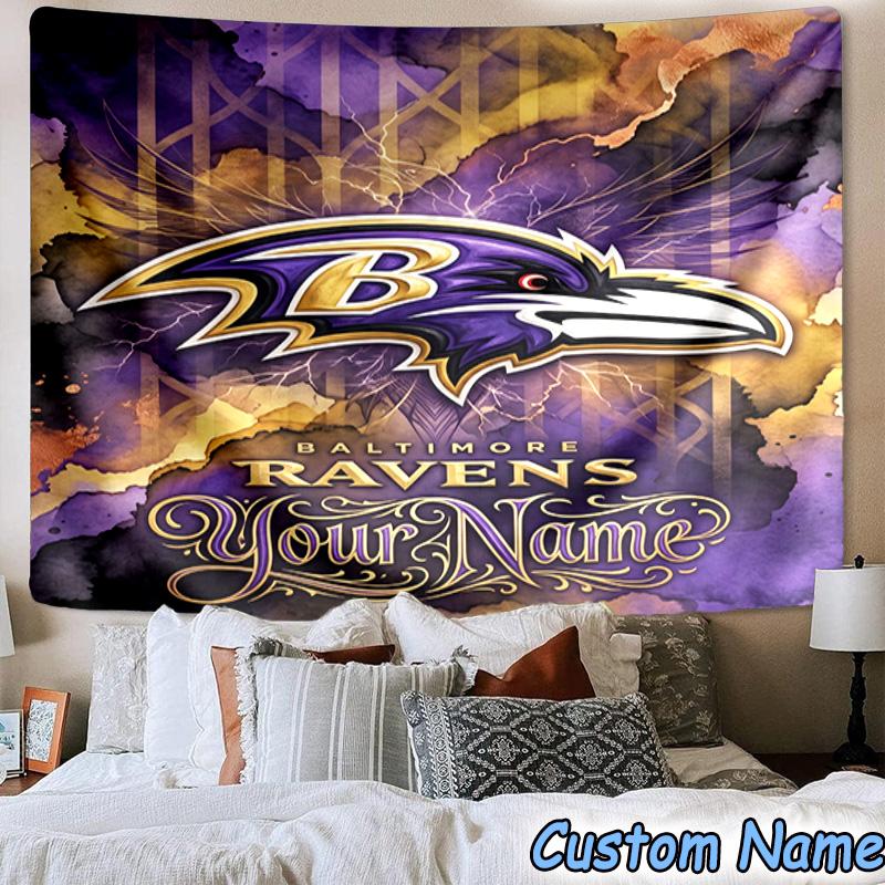 Custom Name baltimore Ravens Logo Printed Tapestry, for Bedroom,Livingroom, dormitory, Large Wall Decor, Fabric Decor Fan Birthday Gifts