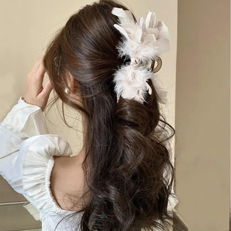Элегантная застежка с перьями, новая мода, большие заколки для волос с когтями, заколки с заколками в виде акулы, заколки для девочек, французские аксессуары для волос