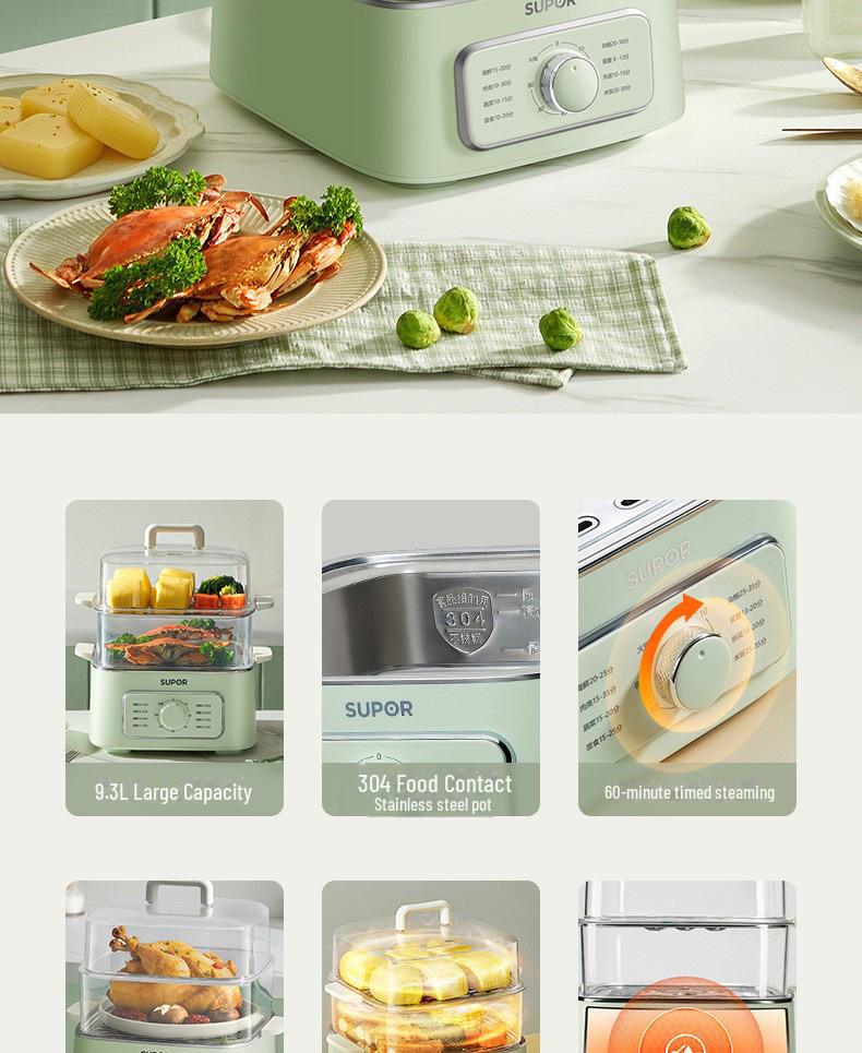 Трехуровневая электрическая пароварка Supor ZN23FK930 из нержавеющей стали с видимой решеткой и большой вместимостью.