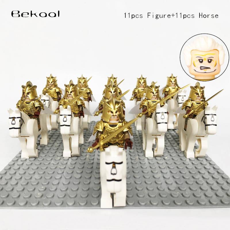 Medieval Knights Castle Cavalry Rohan Soldiers Guard Army Lotr Cavalier With Weapon Armor Helmet Shield and Horse Figure Blocks