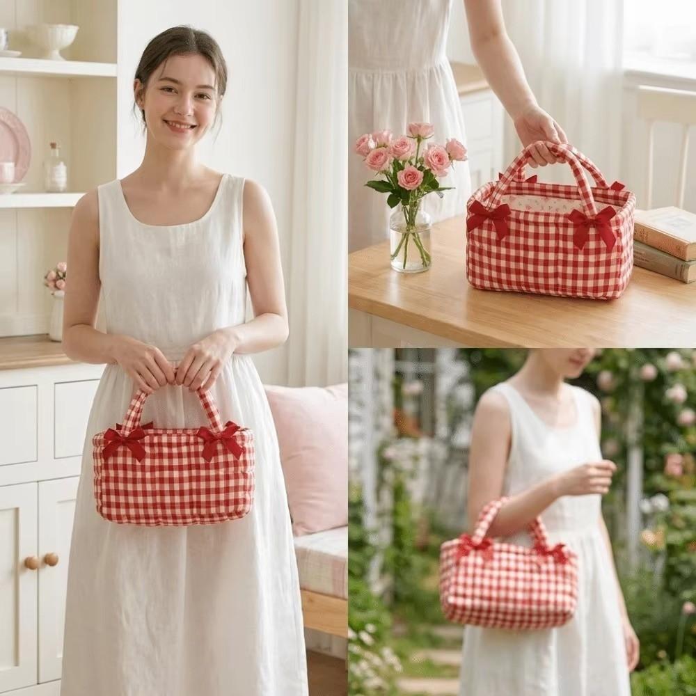 Cotton Quilted Storage Basket Bow Decor Desktop Organizer For Desktop Cosmetic Storage