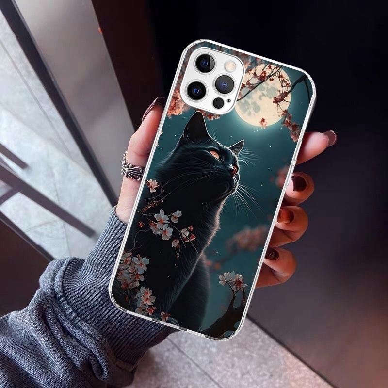 Мультяшный Милый Черный Кот Чехол Для Телефона Для iPhone 17 Air 16 15 Pro Max 14 Plus 13 Mini 12 11 Чехол 7 8 SE Силиконовый Чехол Принт Fundas