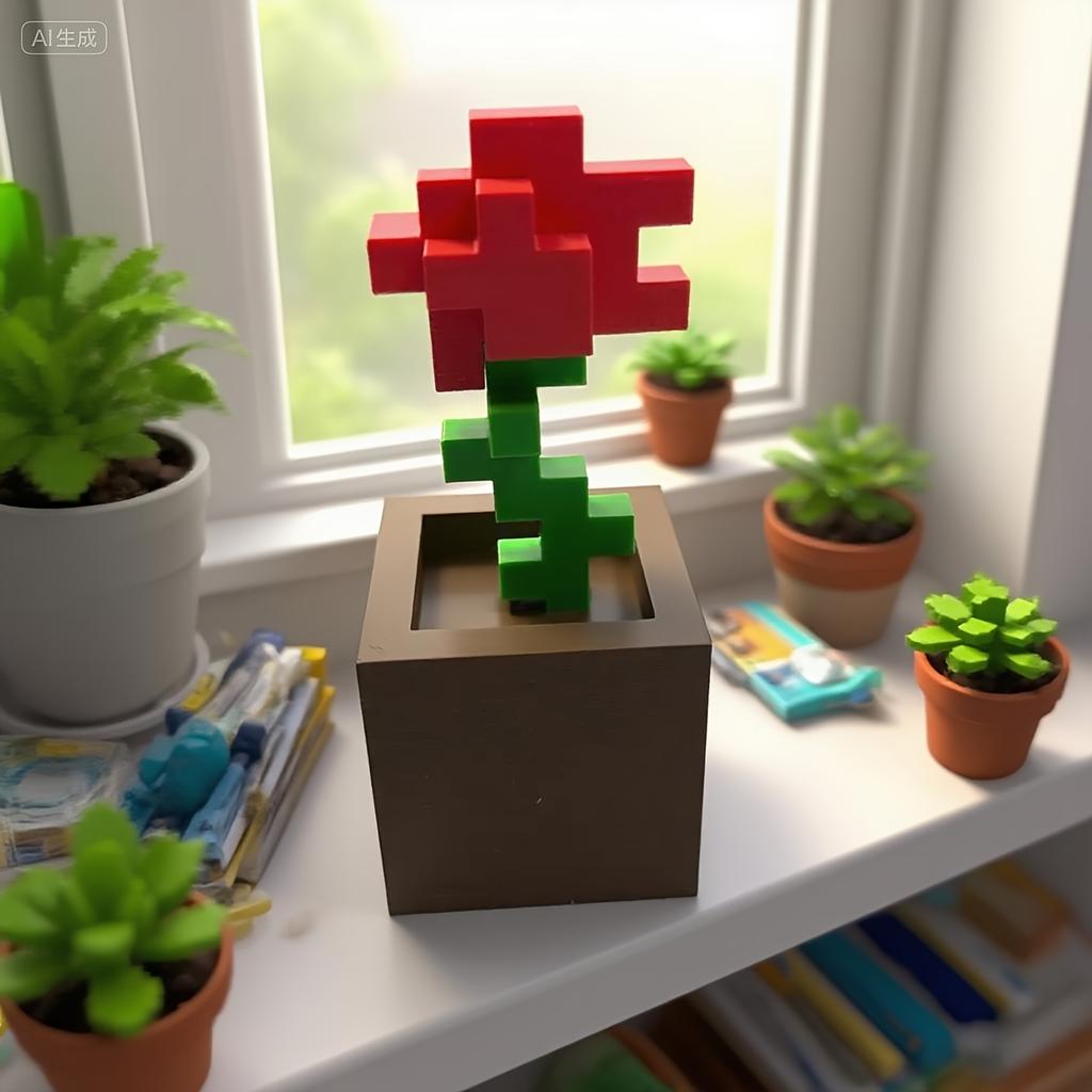 1 Piece Pixel Rose Flower Ornament, 3D Printed Unique Flower Decoration, Plastic Flower Item Suitable for Bedside Table, Desktop, Office