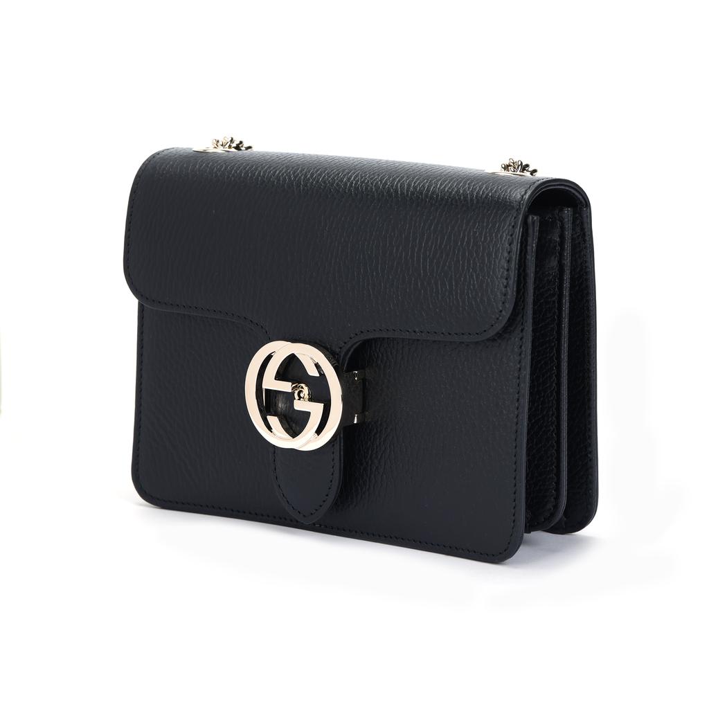 Gucci Double G Chain Shoulder Strap Lychee Pattern Leather Messenger Bag Organ Bag Cross-Body Shoulder Bag Women'S Black