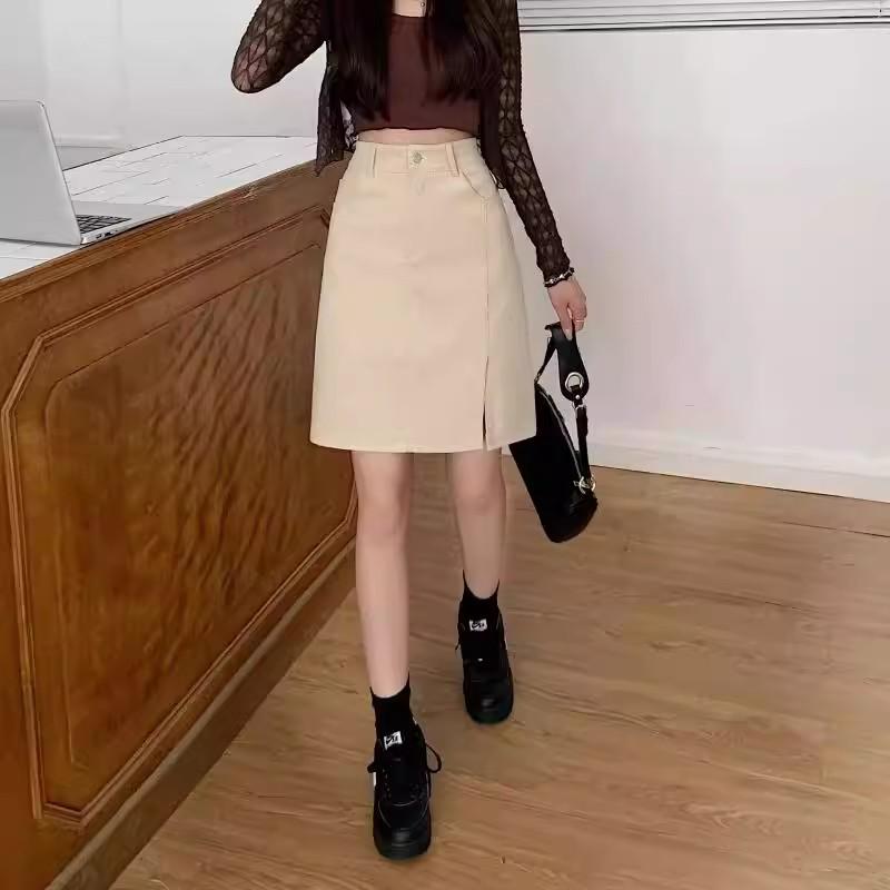 Миди-юбка А-силуэта из кофейного вельвета больших размеров с боковыми разрезами - Ретро облегающая модель, скрывающая бедра, для осени/зимы