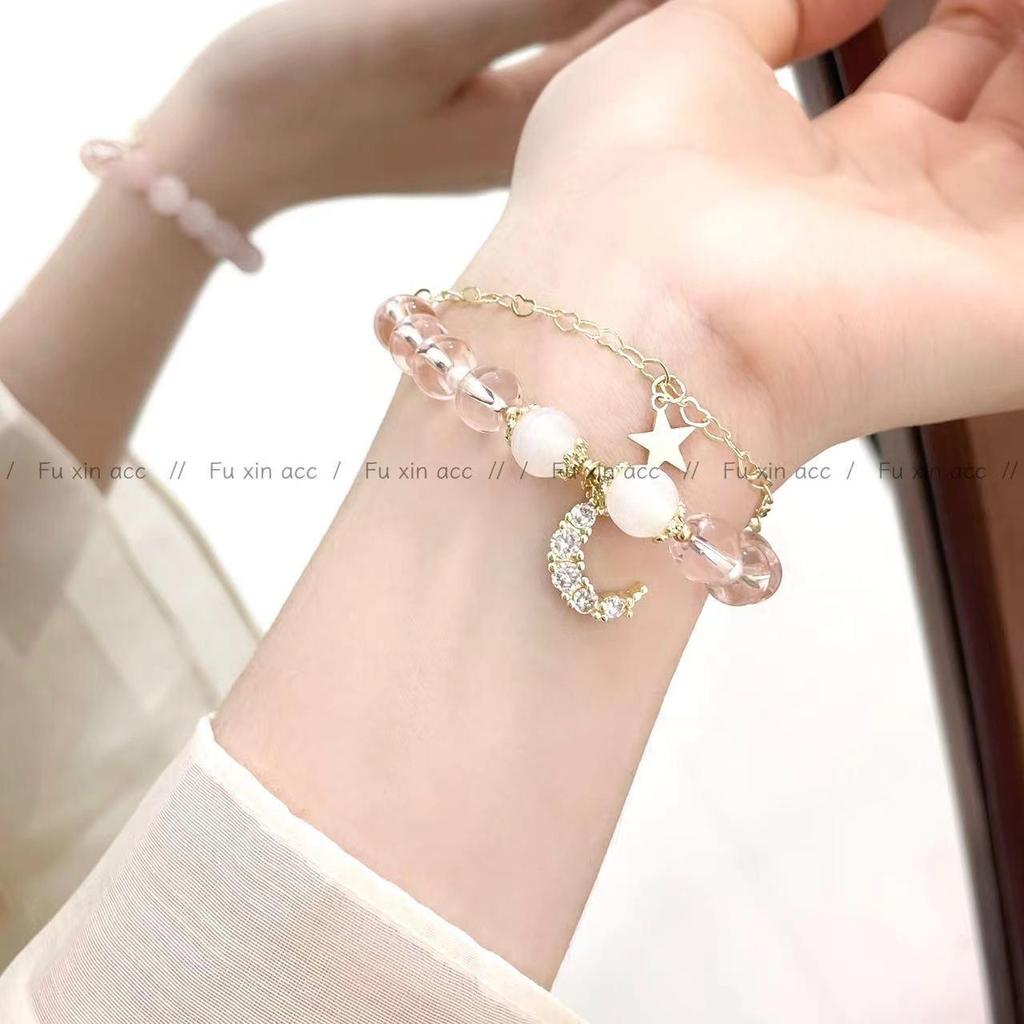 Браслет из натурального розового кристалла с лунным камнем: Элегантные украшения из бисера с дизайном падающей звезды, идеально подходят для женщин