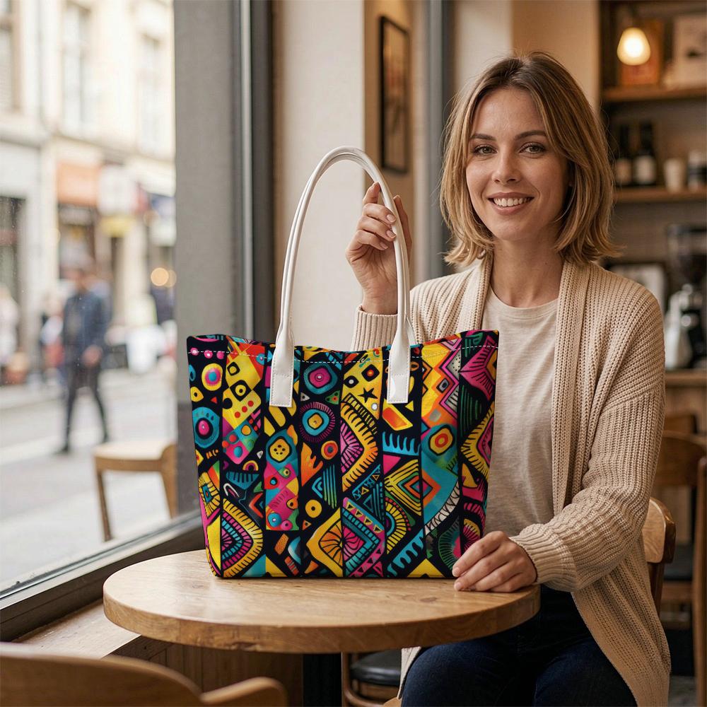 Colorful Geometric Printed Tote Bag Casual Large Capacity Daily Shoulder Bag For Women Outdoor Shopping Travel Commute Handbag