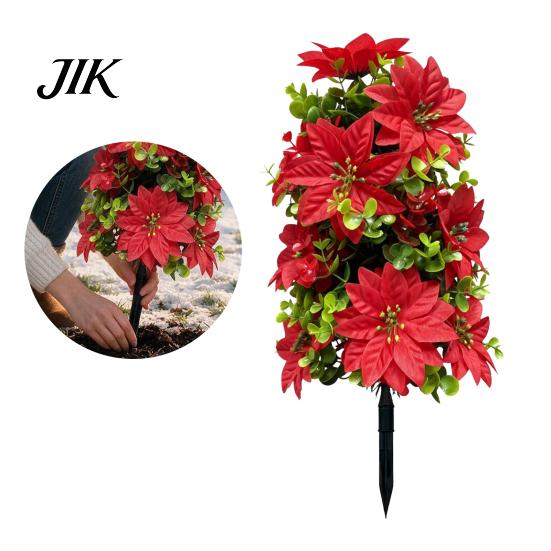 Winter Porch Decor 22" Artificial Poinsettia Flowers with Ground Spikes, Red Christmas Floral Stakes, Waterproof Lawn Ornaments PVC Simulation Plants