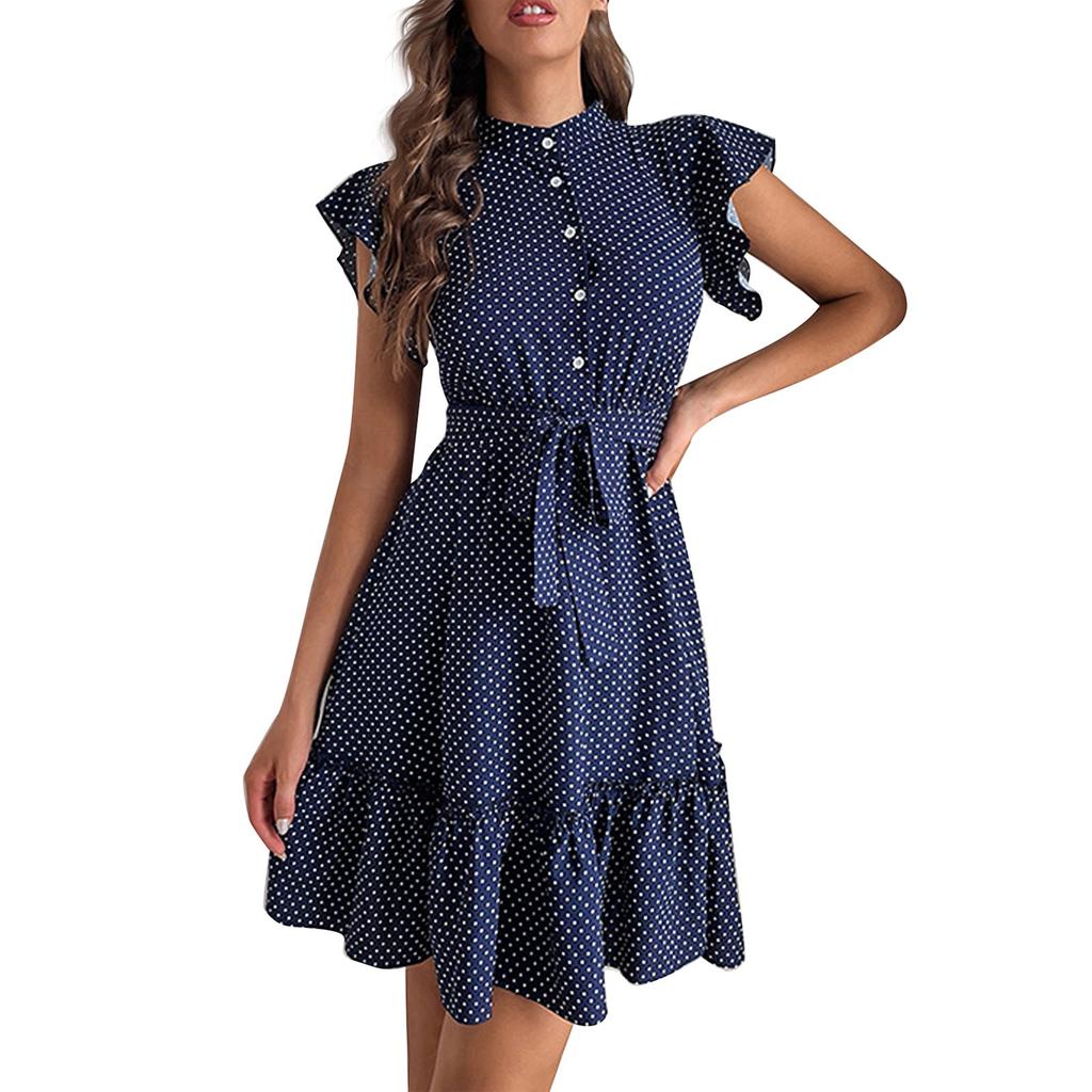 Women's Summer Temperament Polka Dot Ruffle Sleeve Dress Summer Button Shirt Tie Waist Drawstring A-line Dresses