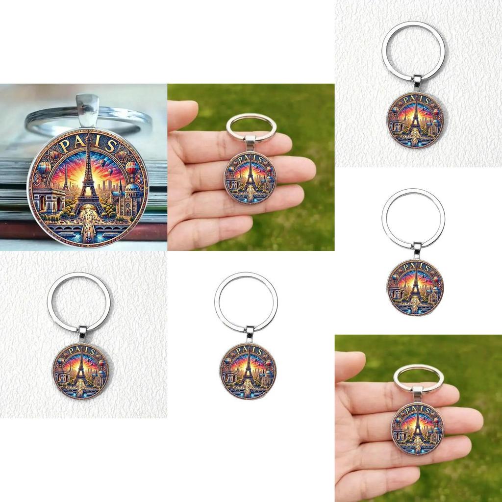 Paris Sunset Scene Keychain With Glass Pendant For Gift And Decoration