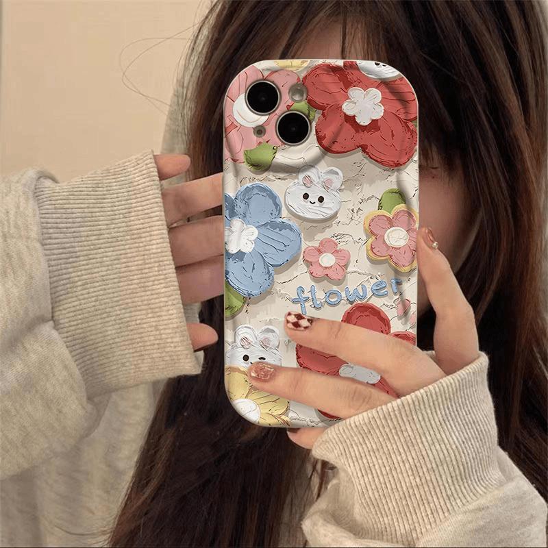 Oil Painting Flower Rabbit for Apple 15 Promax Mobile Phone Case for Women for IPhone 14 Creative 13/12/16