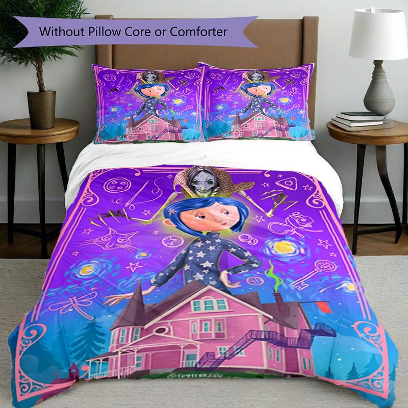 3pcs Duvet Cover Set (1*Duvet Cover + 2*Pillowcase, Without Core), Coraline Print Bedding Set, Bedroom Decor, All‑Season, Birthday Gift