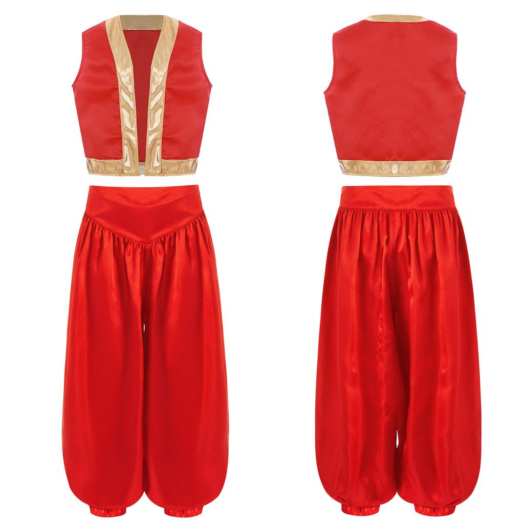 2 шт. Детский костюм для косплея на Хэллоуин, костюм игрового персонажа, арабский костюм, свободный жилет с широкими атласными шароварами, комплект, костюм для переодевания