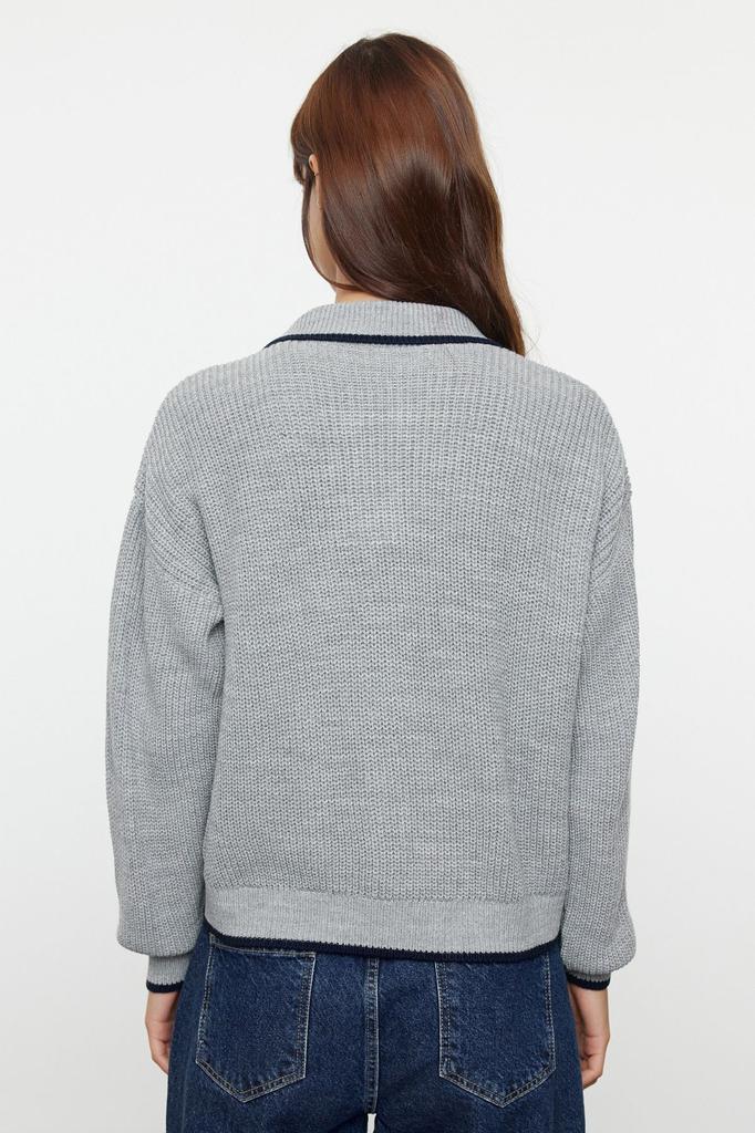 Women's Fashionable Stylish Cardigan Anthracite Ribbed Zippered Knitwear Cardigan