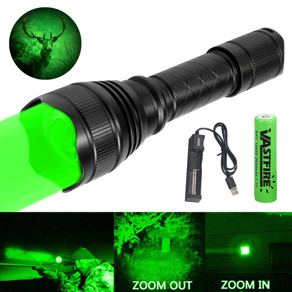 500 Yards Zoomable Flashlight Red/Green/White Hunting Torch 1 Mode High+Remote Pressure Switch+Rifle Scope Mount+18650+Charger