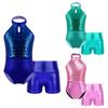 Kids Girls Sleeveless Sparkling Sequin Patchwork Leotard with Shorts for Dance Gymnastics Performance Competition