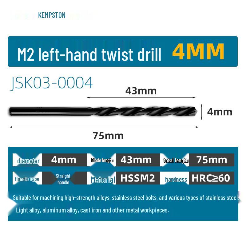 Capson M2 High-Speed Steel Left-Hand Twist Drill Bit for Stainless Steel, Straight Shank, 1-16mm