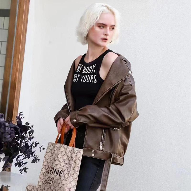 Washed Old Leather Jacket Women's Spring and Autumn Mid-length Retro Washed Loose Handsome Jacket Motorcycle Wear PU Leather Jacket