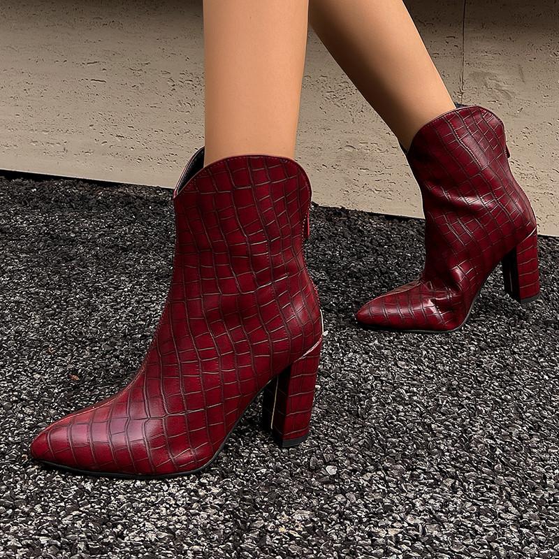 Women's High-heeled Short Boots Autumn and Winter New Solid Color Crocodile Pattern Thick Heel Large Size Pointed Short Boots