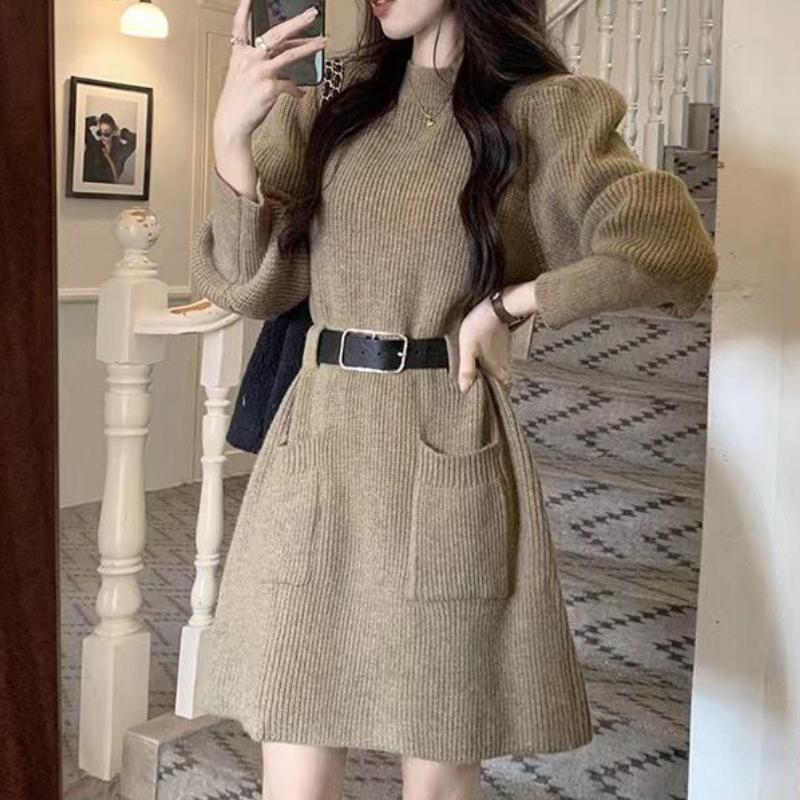 Женское трикотажное платье большого размера в корейском стиле, модное, зимнее, осеннее, с чувством дизайна, с облегающей талией, базовый слой, юбка, трендовое