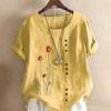 Embroidered Flower Blouse Vintage Button Decoration Round Neck Short Sleeve Shirt for Women