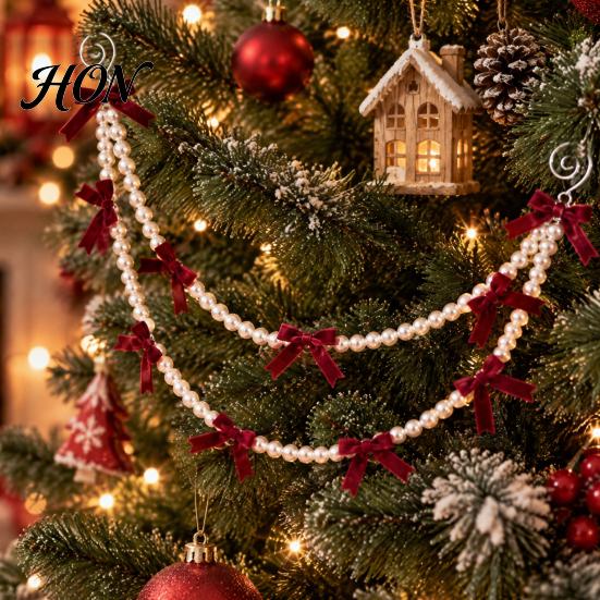 Fireplace Mantle Garland Christmas Velvet Bow Faux Pearl Garland, 2 Layers Beads Reusable Holiday Hanging String Strand for Tree, Wreath, Fireplace,