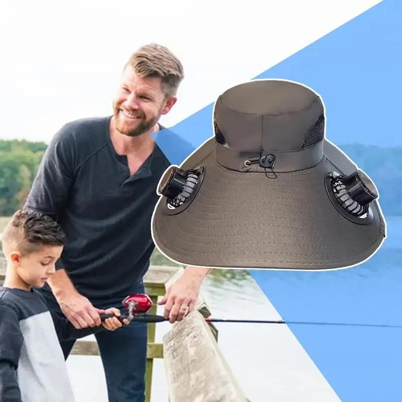 Wide Brim Solar Fisherman Hat Rechargeable Fan Outdoor Sun Hat for Camping Hiking UV Protection Fan Hat Father's Day Gift