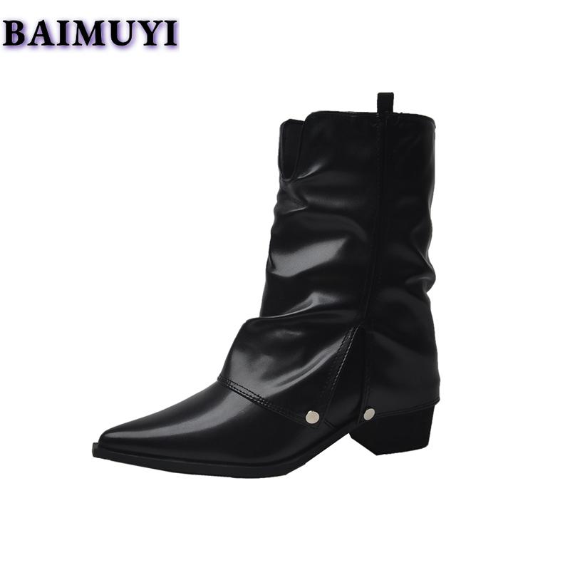 Сексуальные туфли на среднем каблуке с острым носком, женские ботильоны, тренд 2025 года, массивные модные туфли-лодочки для офиса, новые туфли для вечеринок в стиле панк-женщины